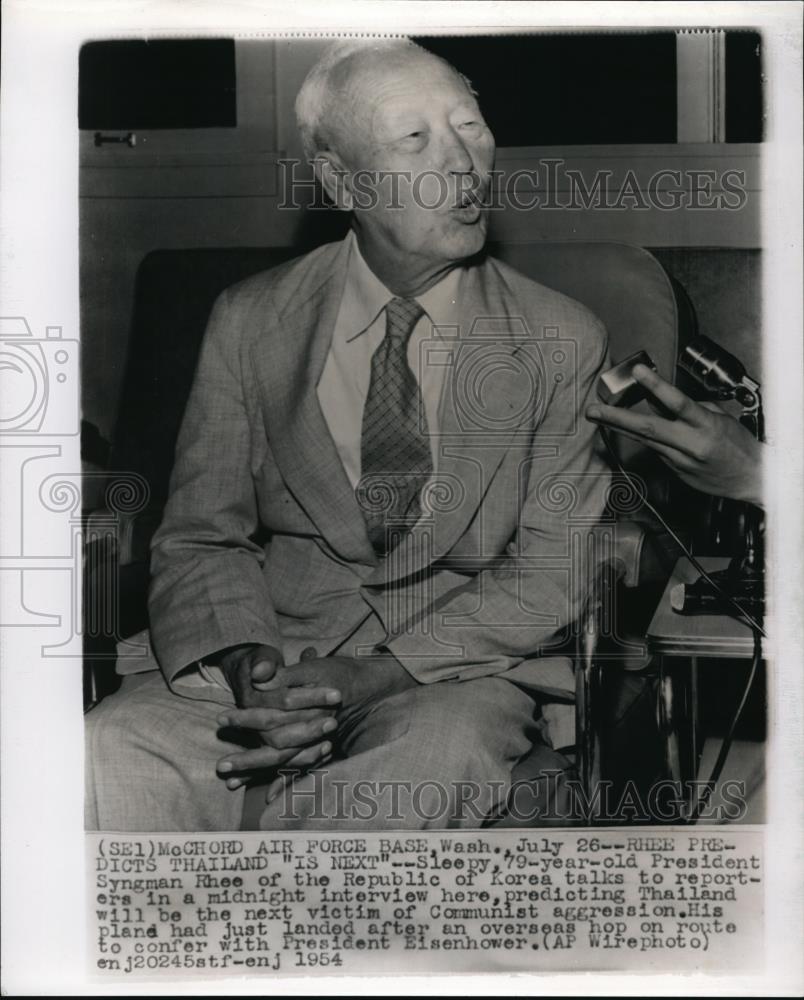 1954 Press Photo Korean Pres Syngman Rhee predicts Thailand as next victim - Historic Images