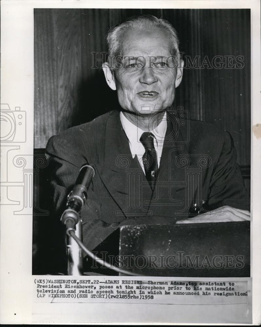 1958 Press Photo Sherman Adams Annouced His Resignation - Historic Images