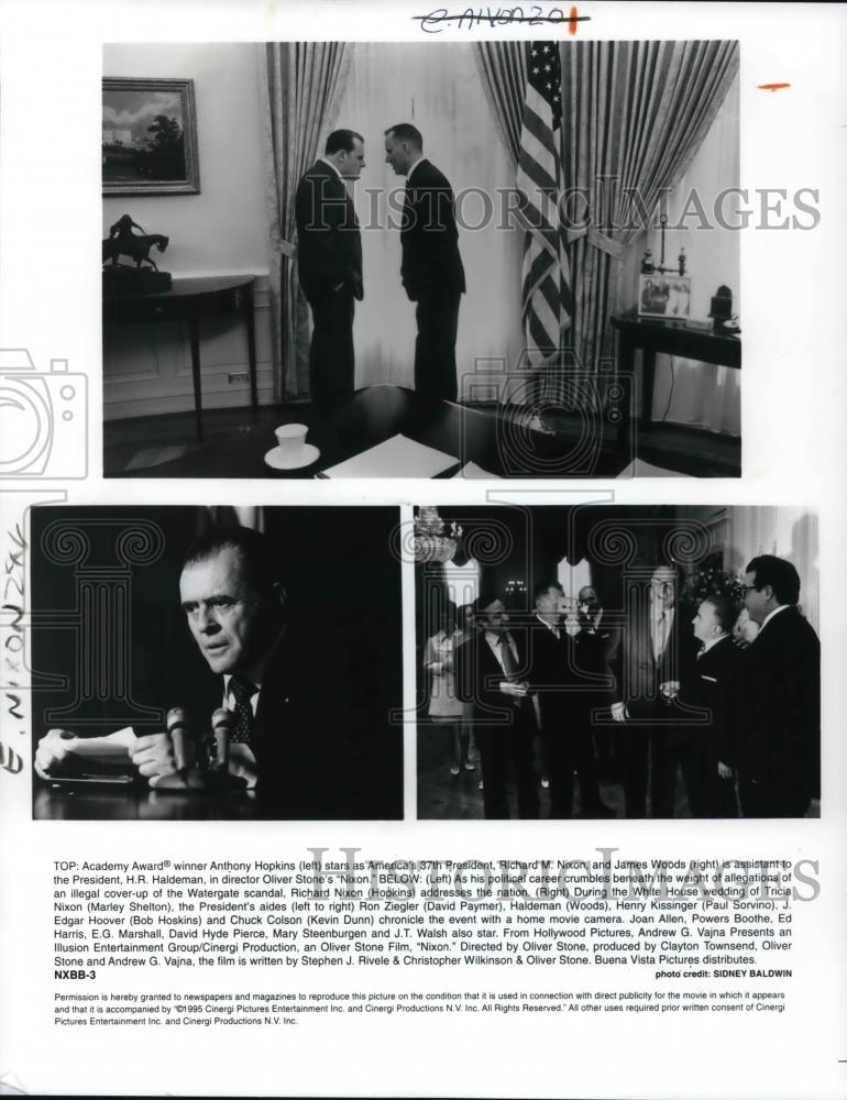 1995 Press Photo Anthony Hopkins, Richard Nixon and James Wood in &quot;Nixon&quot; - Historic Images