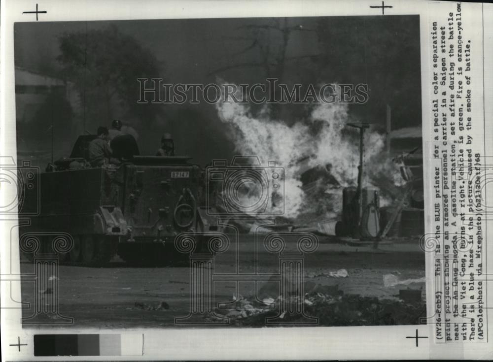 1968 Press Photo Gasoline Station set afire during the battle with the Viet Cong - Historic Images