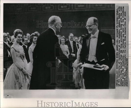 1961 Press Photo Dr.Willard F.Libby Shakes Hands with King Gustaf - Historic Images