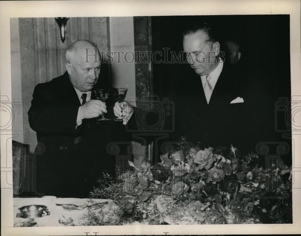 1955 Press Photo Nikita Khrushchev Clinks Glasses with Marshal Tito - Historic Images