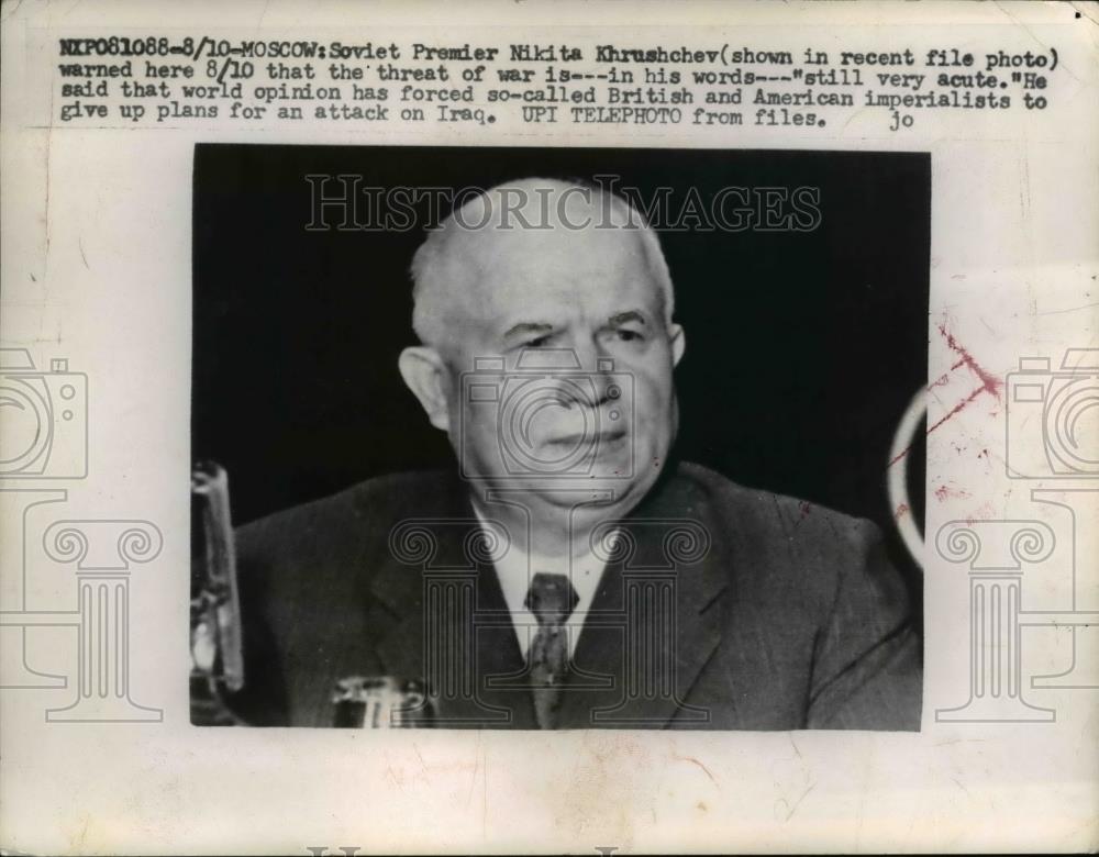 1958 Press Photo Moscow Premier Nikita Khrushechev warns threat of war acute. - Historic Images