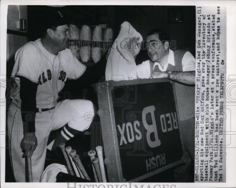 1955 Press Photo Red Sox manager Mike Higgins goes over inventory - nes32734 - Historic Images