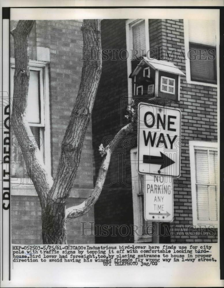 1961 Press Photo Chicago Birdhouse on one-way street sign - nee70378 - Historic Images