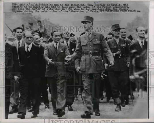 1958 Press Photo French General Charles de Gaulle Parading Down Champs Elysees - Historic Images