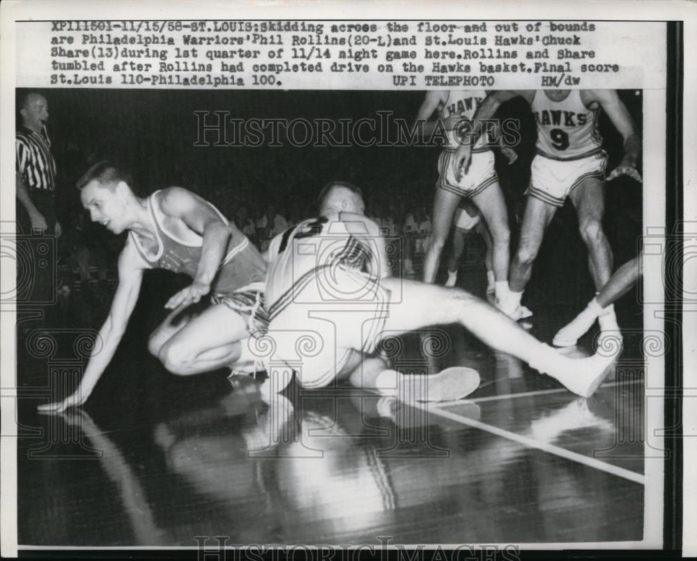 1958 Press Photo Philadelphia Warrior Phil Rollins &amp; Chuck Share of St Louis - Historic Images