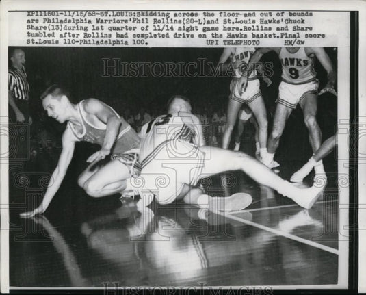 1958 Press Photo Philadelphia Warrior Phil Rollins & Chuck Share of St Louis - Historic Images