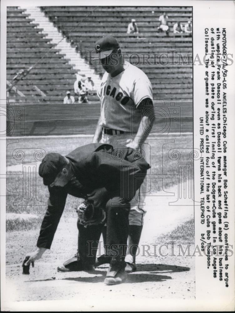 1958 Press Photo La Calif Cubs manager Bob Scheffing & ump Frank Dascoli - Historic Images