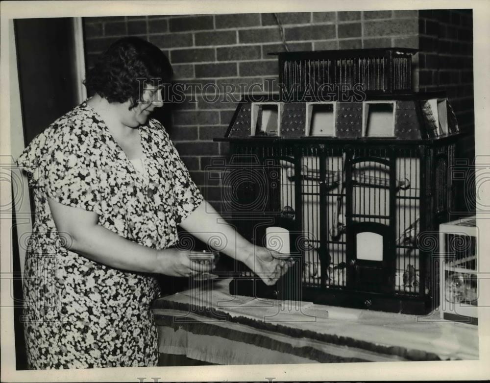 1935 Press Photo Mrs EW Flickinger &amp; her birs in cage at home - nee74078 - Historic Images