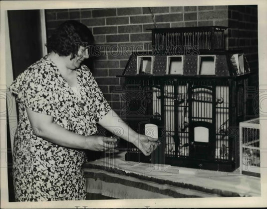 1935 Press Photo Mrs EW Flickinger & her birs in cage at home - nee74078 - Historic Images