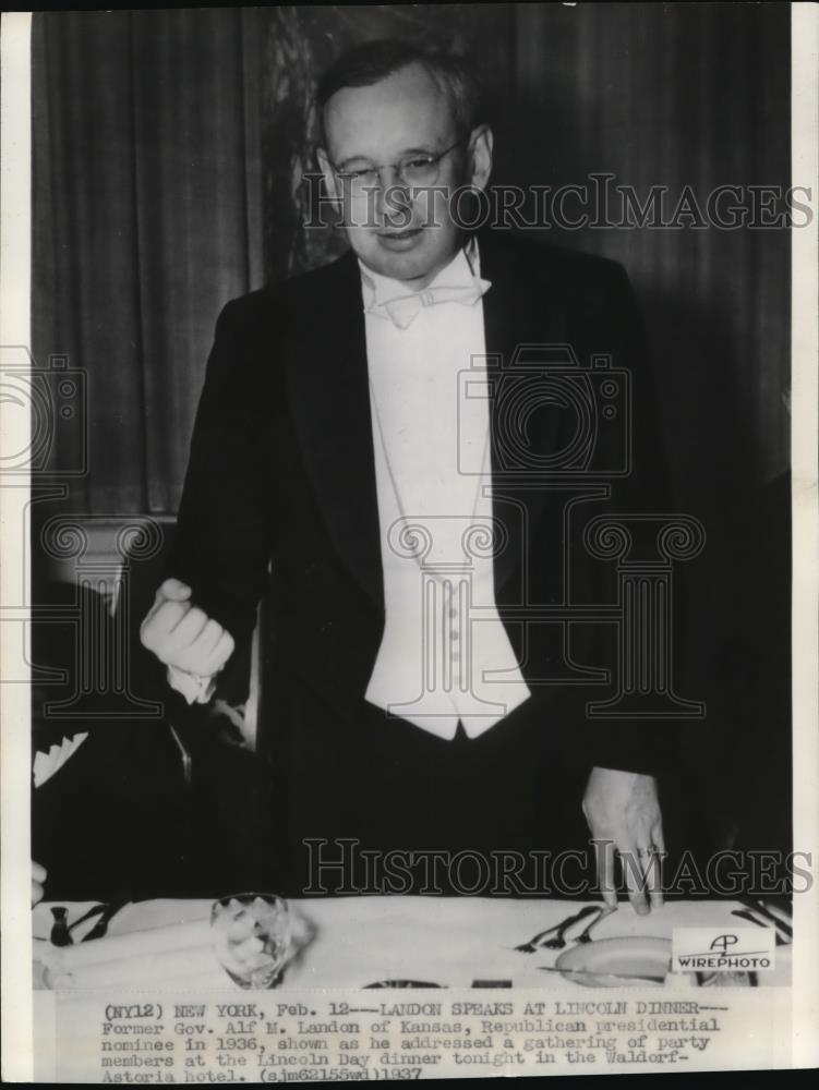 1937 Wire Photo Former Governor Alf Landon during Lincoln dinner - cvw04105 - Historic Images