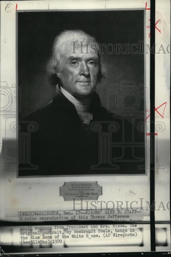 1970 Wire Photo Thomas Jefferson&#39;s color reproduction, Nixon&#39;s gift to staff - Historic Images