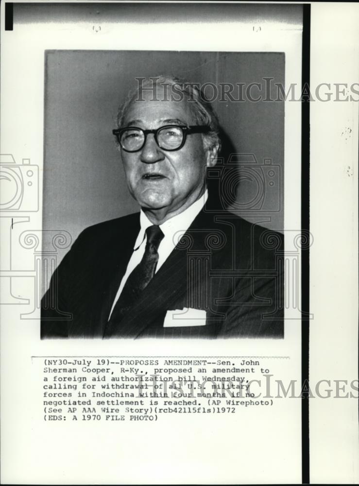 1972 Wire Photo Sen John Sherman Cooper on amendment to foreign aid bill - Historic Images