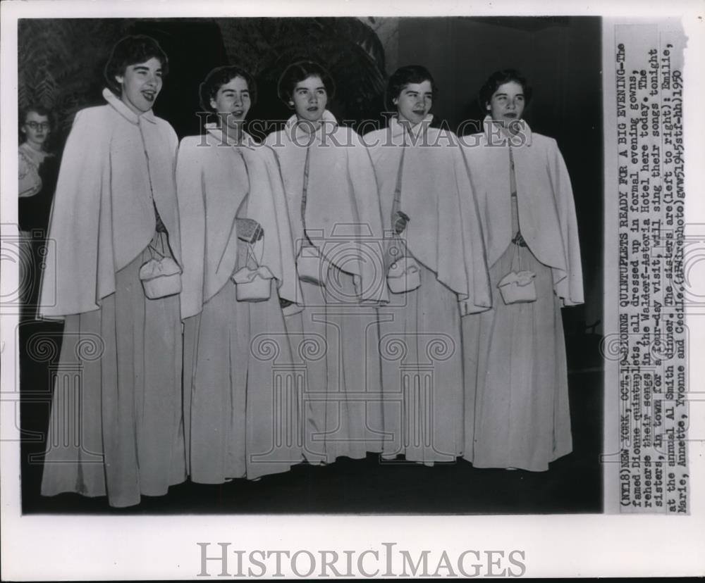 1950 Wire Photo Dionne Quintuplets rehearse their songs in Waldorf-Astoria - Historic Images