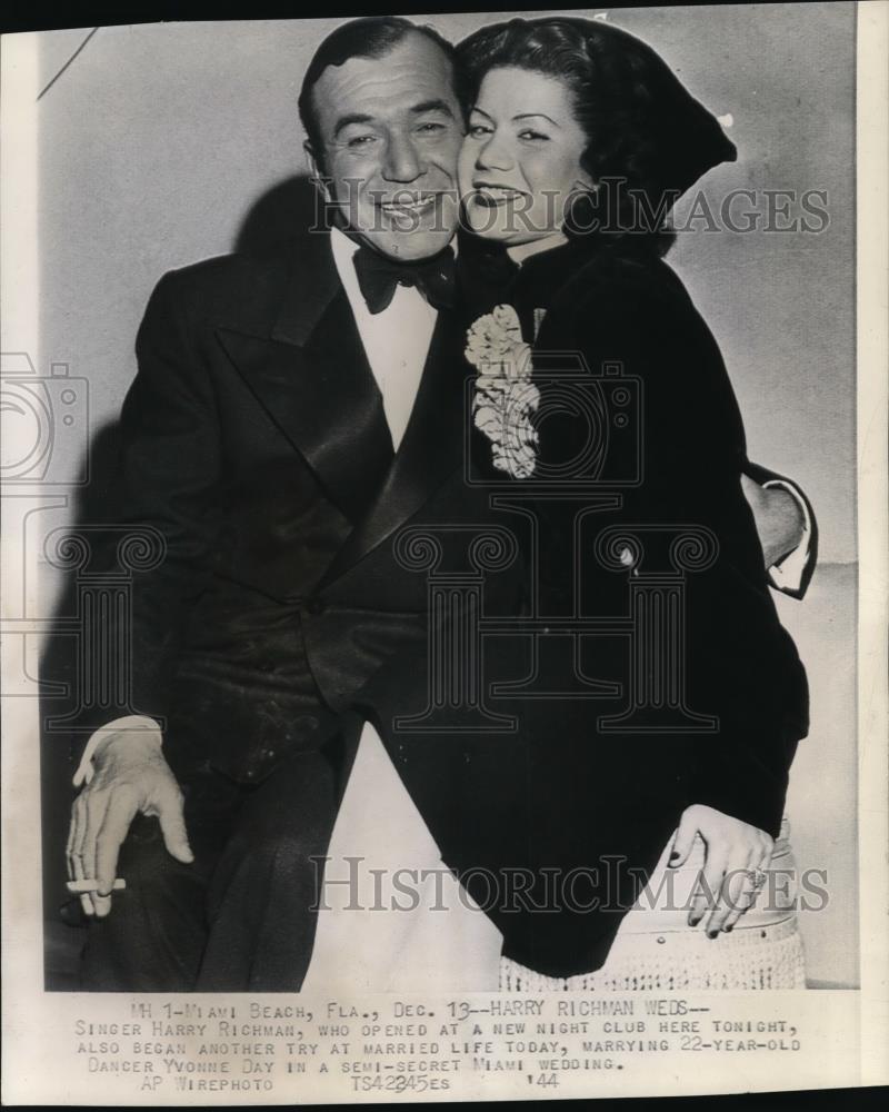 1944 Wire Photo Harry Richman in semi-secret Miami wedding with Yvonne Day - Historic Images