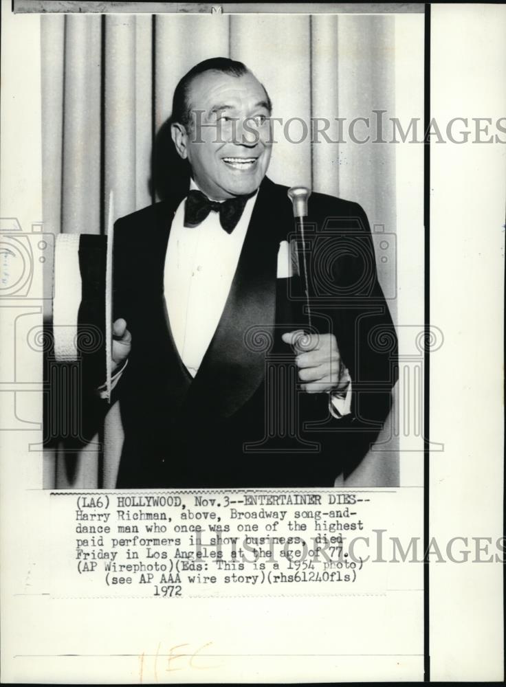 1972 Wire Photo Harry Richman, Broadway song-and-dance man died at 77yrs old - Historic Images