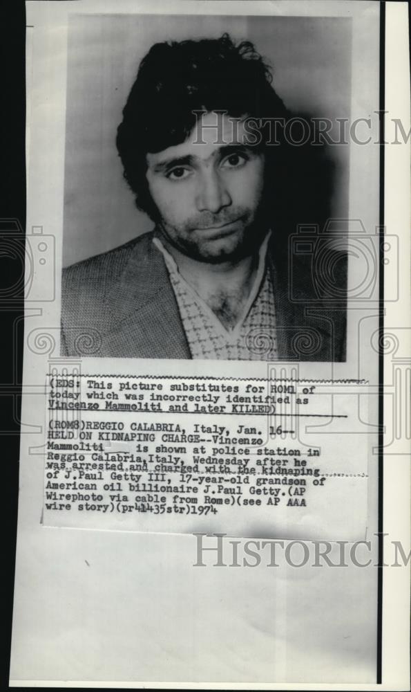 1974 Wire Photo Vincenzo Mammoliti got arrested and charged with kidnapping - Historic Images