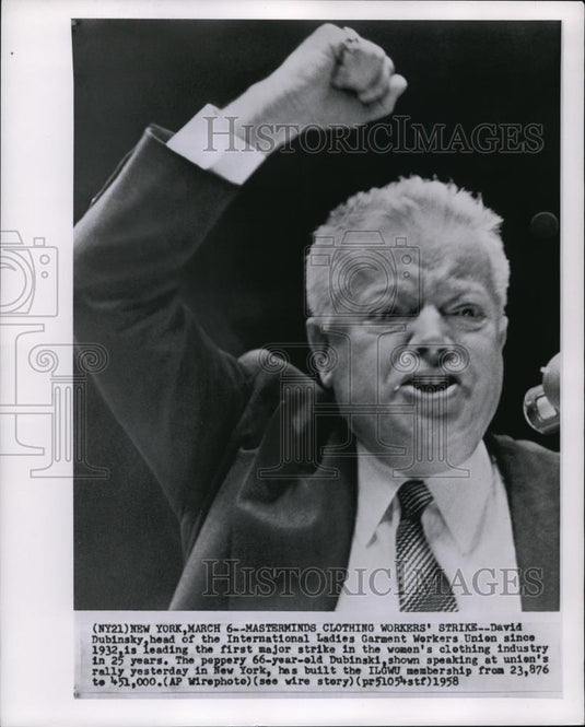 1958 Wire Photo David Dubinsky, head of International Ladies Garment Workers - Historic Images