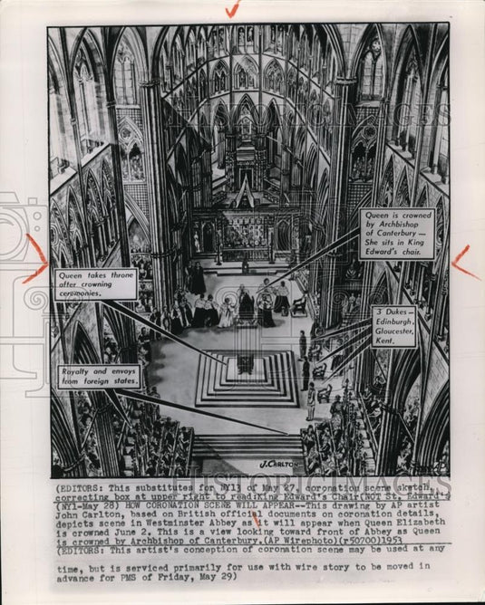 1953 Wire Photo The coronation sketch that will show how the Coronation scene - Historic Images