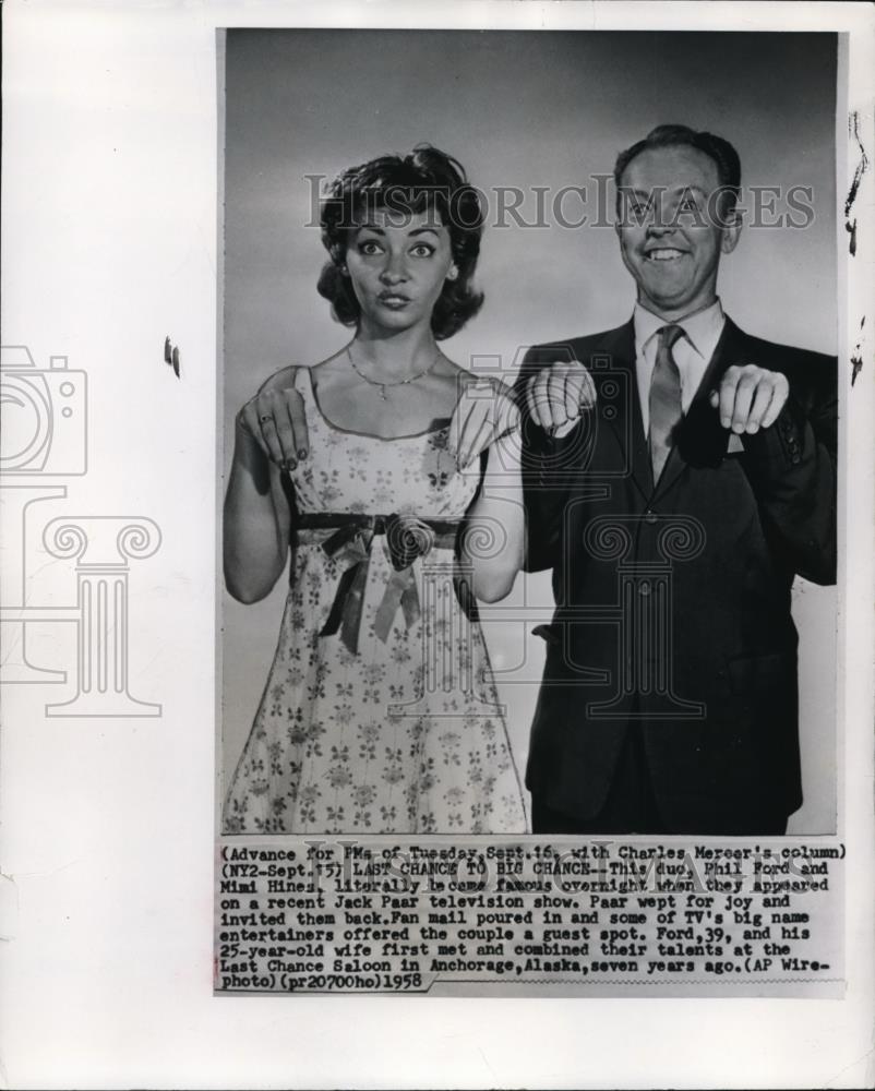 1958 Wire Photo Phil Ford and Mimi Hines appeared on Jack Paar TV show - Historic Images