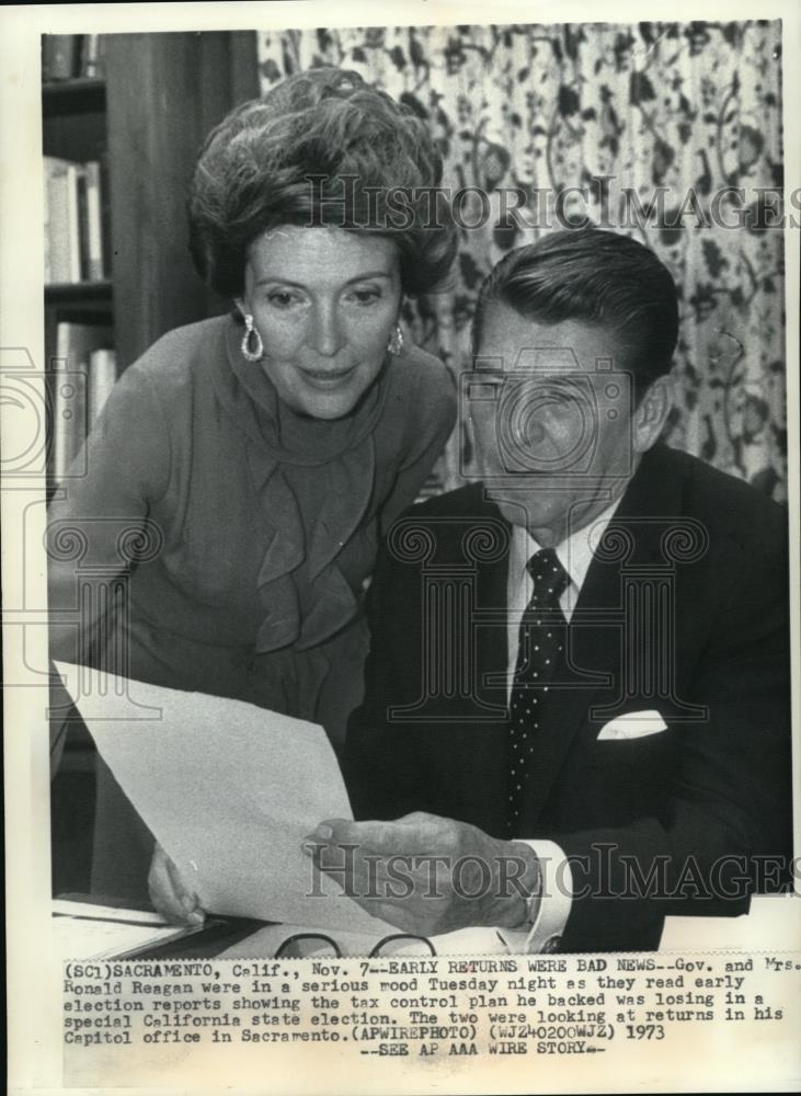 1973 Wire Photo Gov and Mrs.Ronald Reagan in a Serious Mood Showing Tax Plan - Historic Images