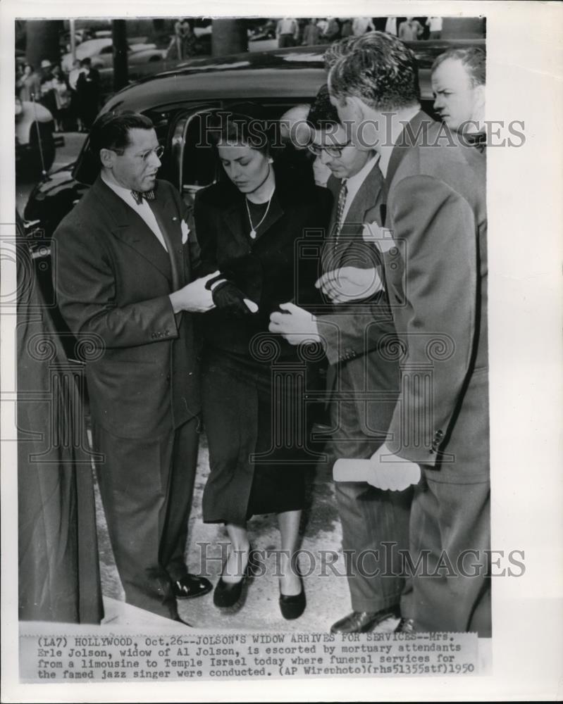 1950 Wire Photo Mrs. E Jolson widow of Al Jolson Escorted by Mortuary Attendant - Historic Images