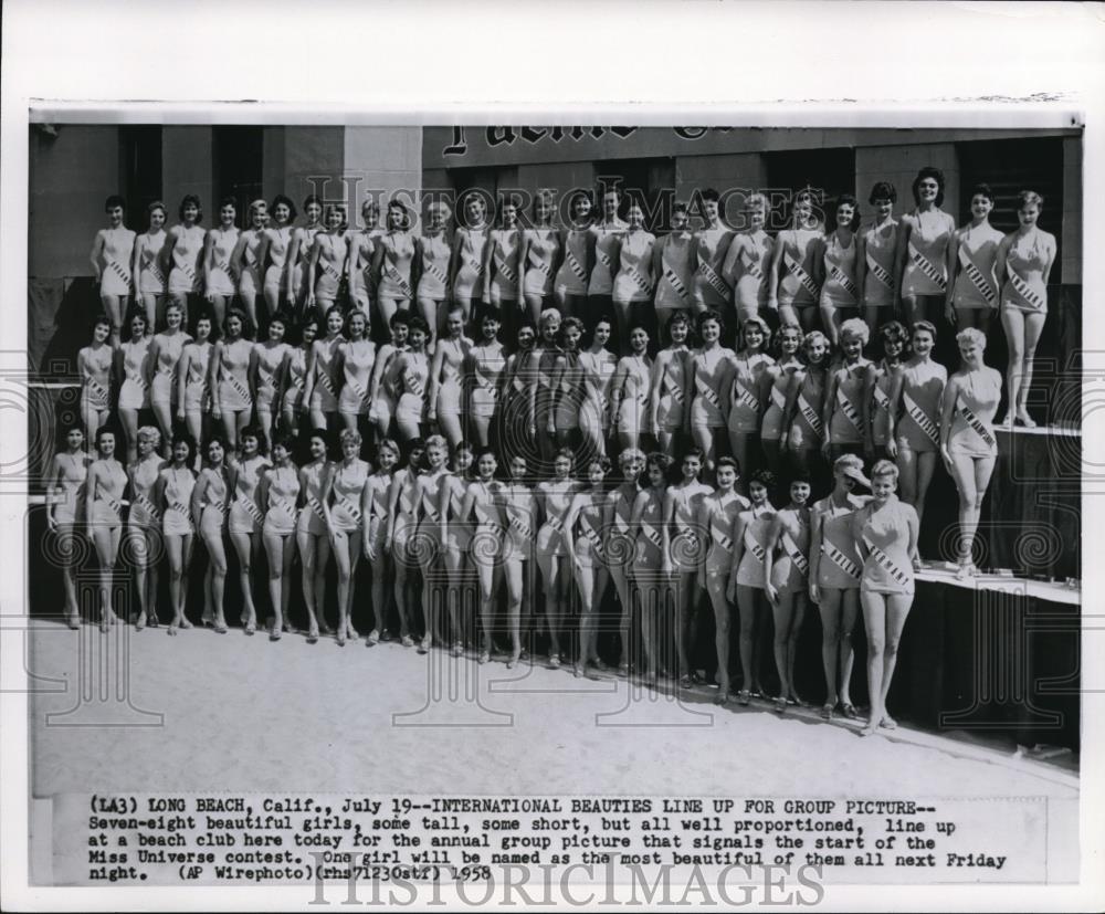 1958 Wire Photo International Beauties Line up for group picture - Ms. Universe - Historic Images