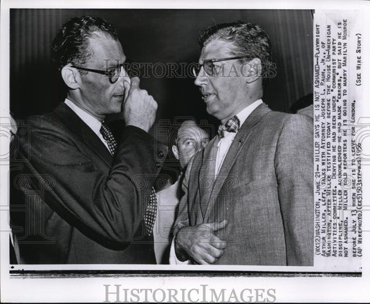 1956 Wire Photo Playwright Arthur Miller talks with Attorney Joseph L. Rauh of - Historic Images