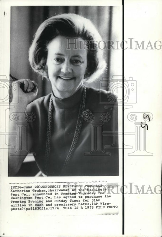 1974 Wire Photo Katherine Graham announces newspaper purchase in Trenton - Historic Images