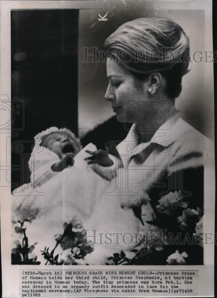 1965 Wire Photo Princess Grace Holds Princess Stephanie at Baptism in Monaco - Historic Images