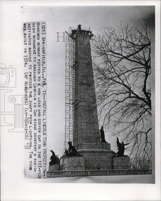 1957 Wire Photo Installation of Lincoln Tomb Protection in Oak Ridge Cemetery - Historic Images