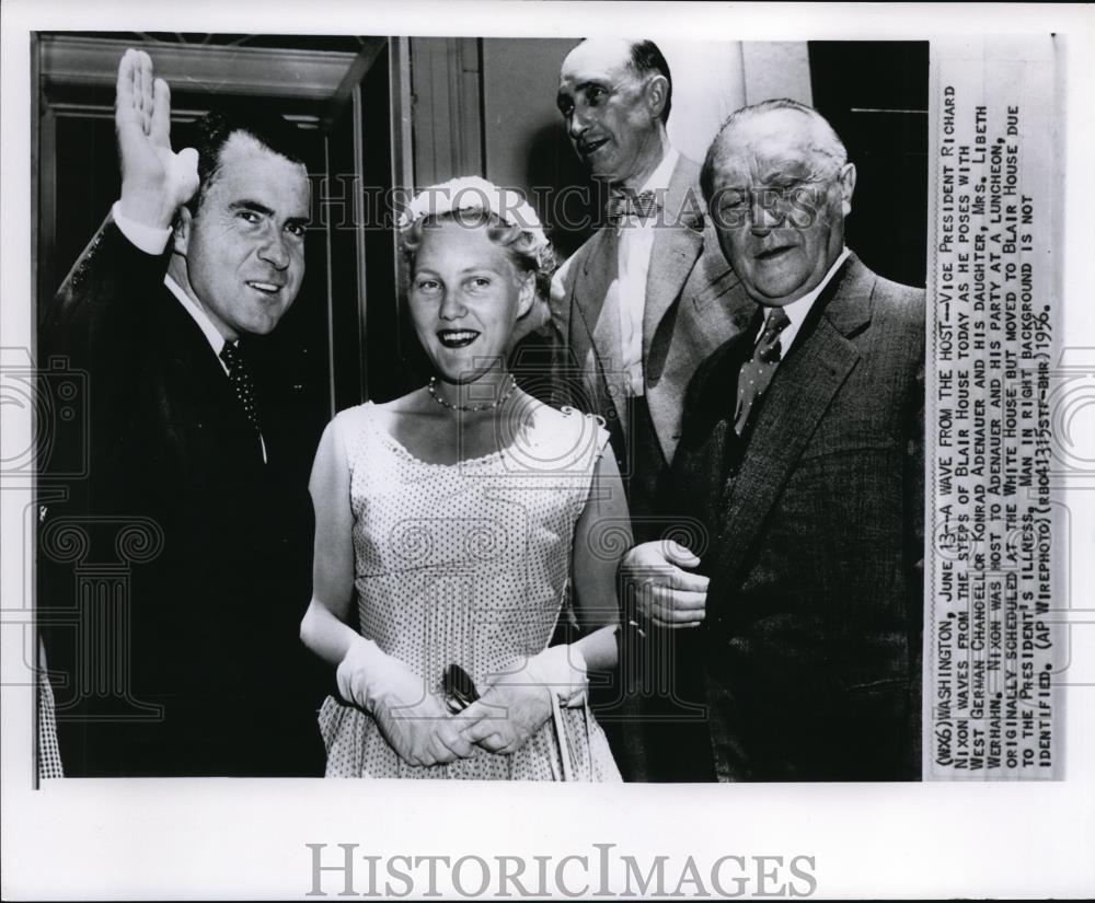 1956 Wire Photo VP R. Nixon Waves as He Poses with K. Adenauer and Mrs.Werhah - Historic Images