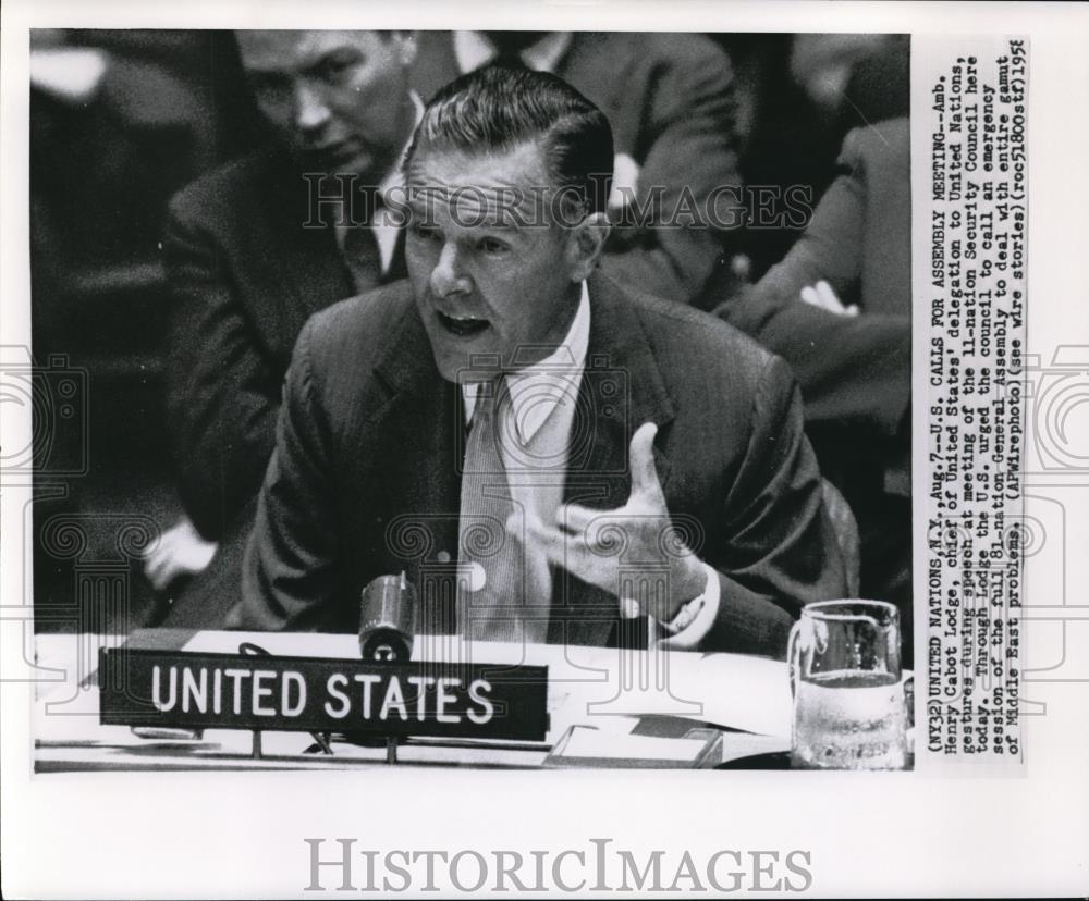 1958 Wire Photo Ambassador Henry Lodge during the speech at the meeting - Historic Images