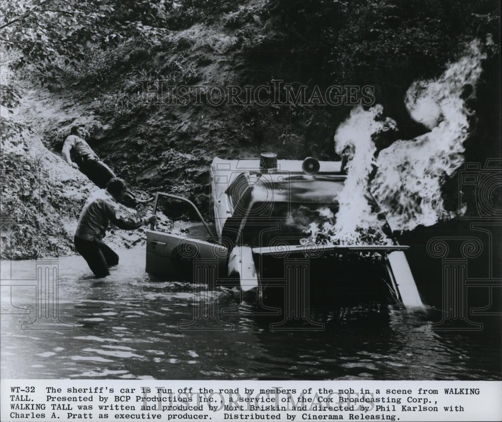 1973 Press Photo Sherrif's Car Is Run Of The Road In A Scene From Walking Tall - Historic Images
