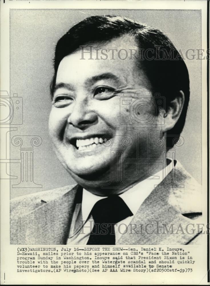 1973 Wire Photo Sen Daniel Inouye appears on CBS Face the Nation program - Historic Images