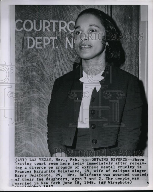 1957 Wire Photo Frances Margurite Belafonte leaving court after divorce trial - Historic Images
