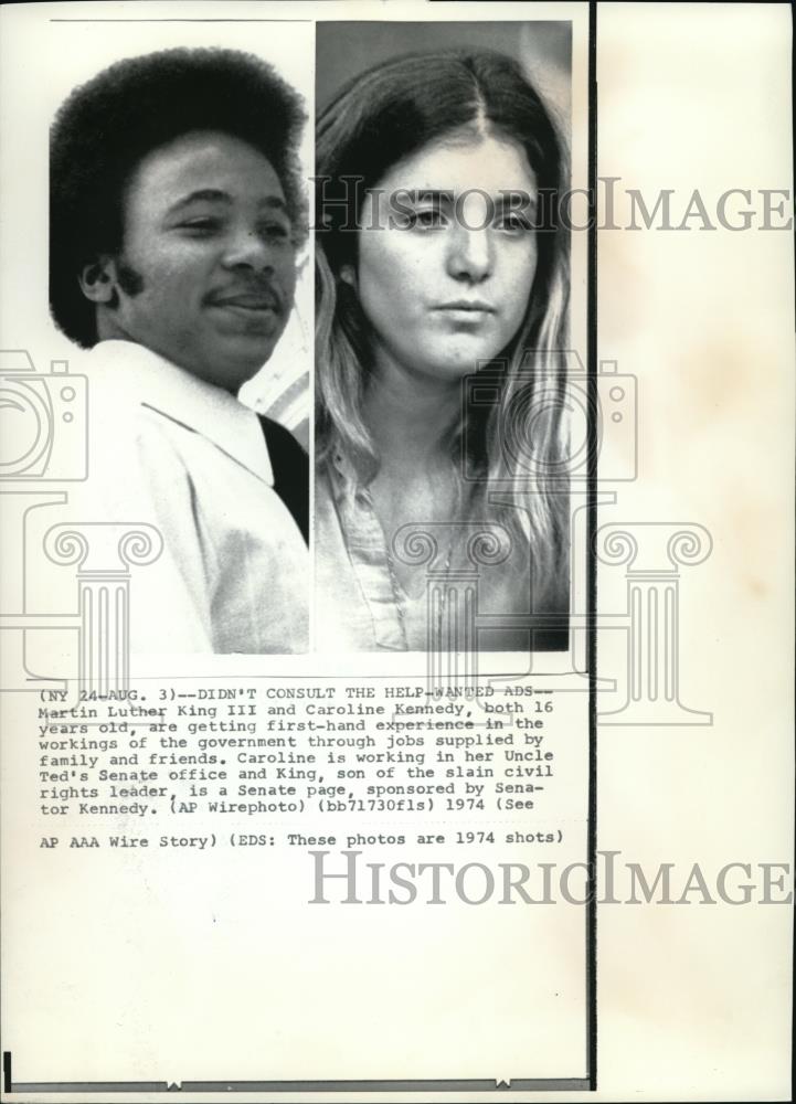 1974 Wire Photo Martin Luther King III and Caroline Kennedy, both 16 years old - Historic Images