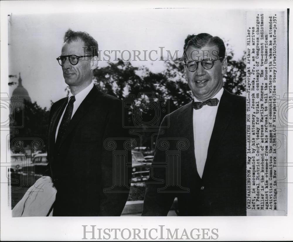 1957 Wire Photo Playwright Arthur Miller, is accompanied by his attorney - Historic Images