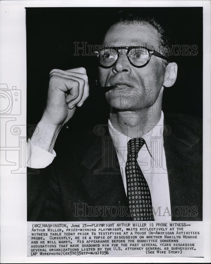 1956 Wire Photo Arthur Miller, Prize-winning playwright waits reflectively - Historic Images