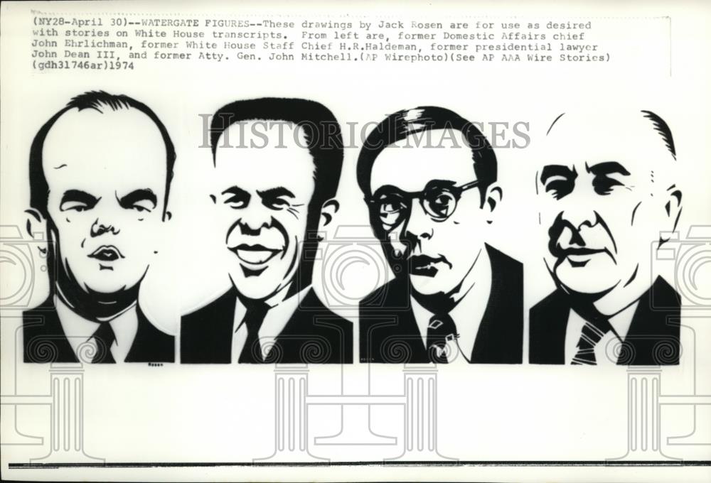 1974 Wire Photo Watergate Figures by Jack Rosen for White House transcripts - Historic Images