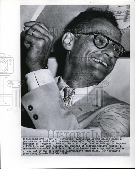 1957 Wire Photo Arthur Miller Makes a Gesture as He Talks iwth Newsmen - Historic Images