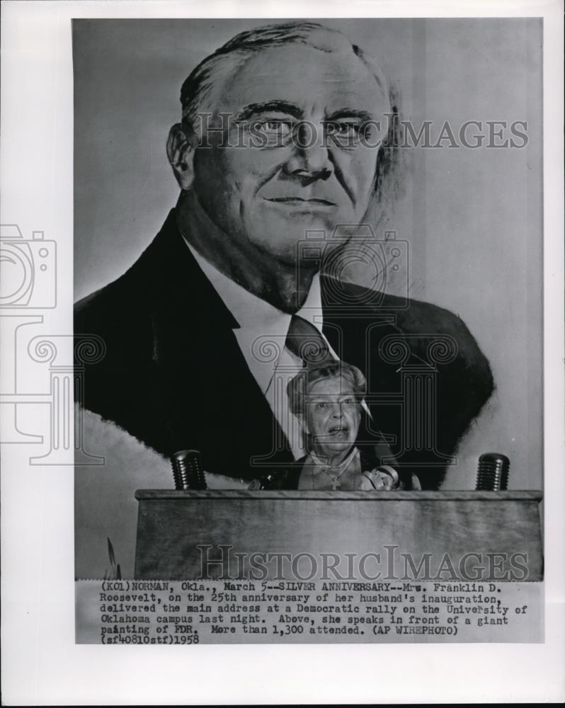 1958 Wire Photo Mrs. Franklin Roosevelt in the 25th anniversary of her husband - Historic Images