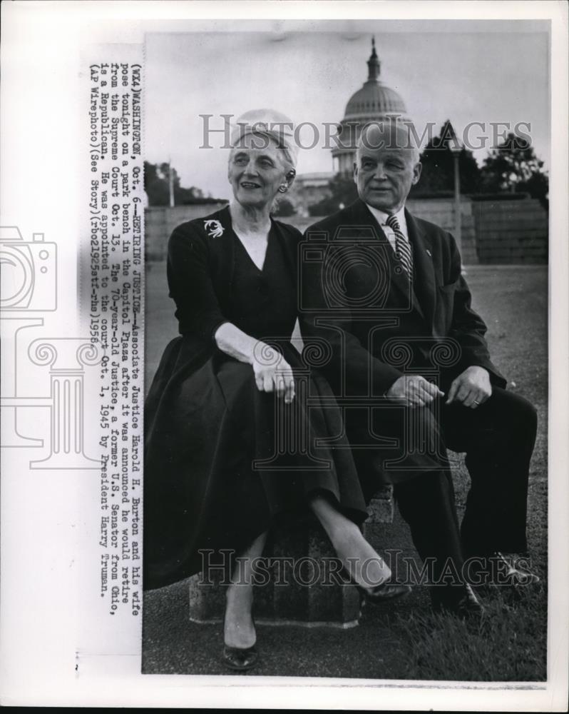 1958 Wire Photo Associate Justice Harold Burton with his wife at the park - Historic Images
