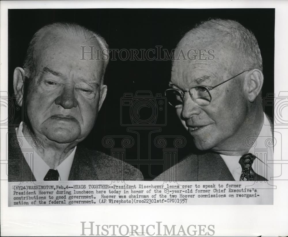 1957 Wire Photo Pres. Eisenhower Speaks to Former Pres. Hoover - cvw01552 - Historic Images