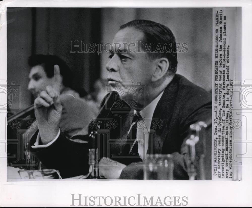1957 Wire Photo Air Secretary James H. Douglas, testifying on Johnson Missile - Historic Images