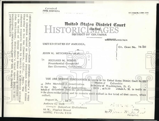 1974 Wire Photo Subpoena to former Pres Nixon to appear on John Ehrlichman tria - Historic Images