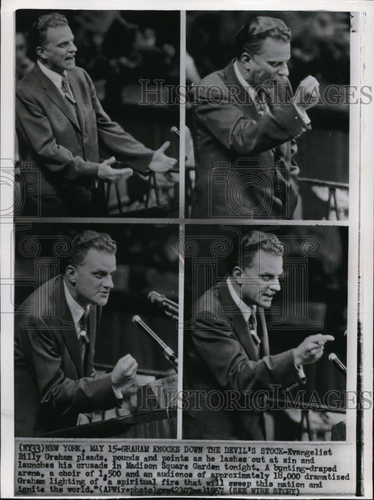 1957 Wire Photo Graham knocks down the Devil's Stock in Madison Square Garden - Historic Images