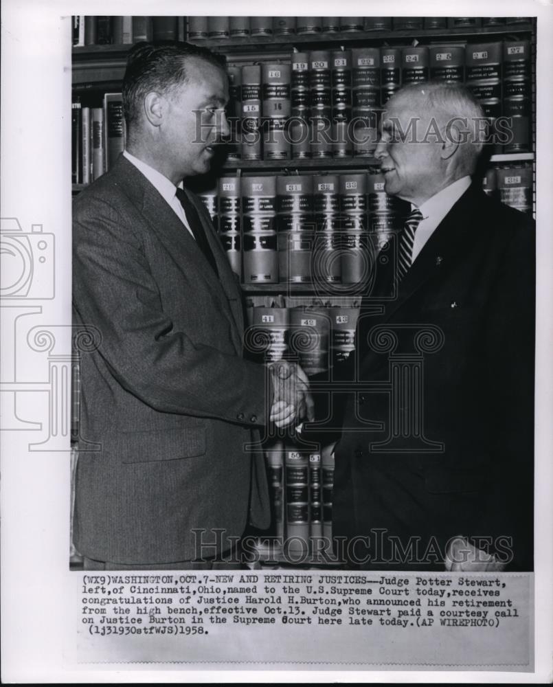 1958 Wire Photo Judge Potter Stewart of Supreme Court and Justice Harold Burton - Historic Images