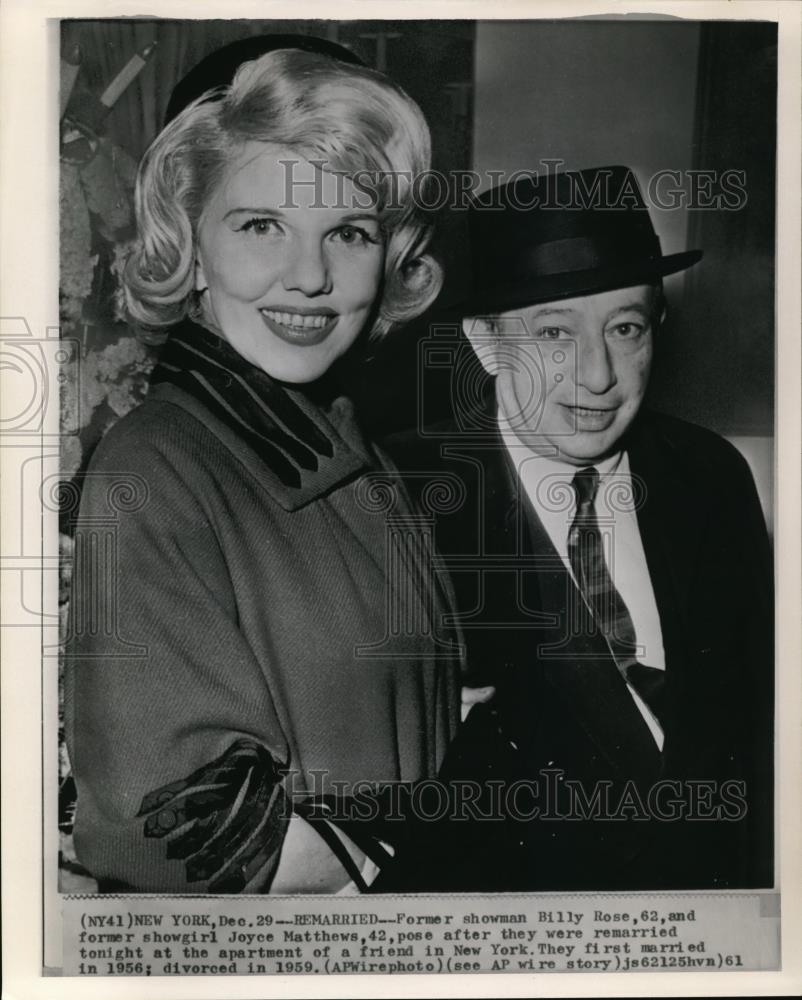 1962 Wire Photo Former Showman Billy Rose and his new wife Joyce Matthews - Historic Images